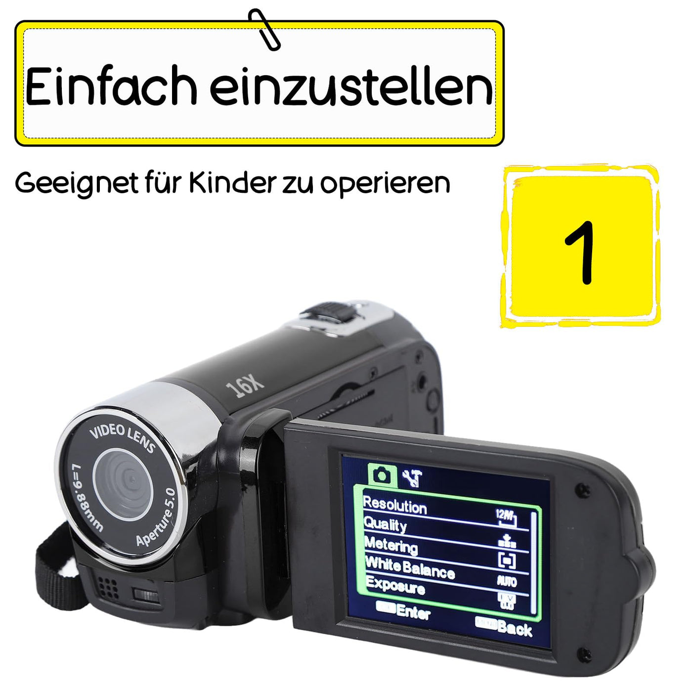 Kids Videokamera-Camcorder, 16x 1080P 30fps Vlogging Kamerarecorder mit Drehbarem 2,7-Zoll-TFT-Bildschirm, Class10 U3-Chip, Fülllicht, Eingebautem Lautsprecher, Support 32GB Expandable(Schwarz)