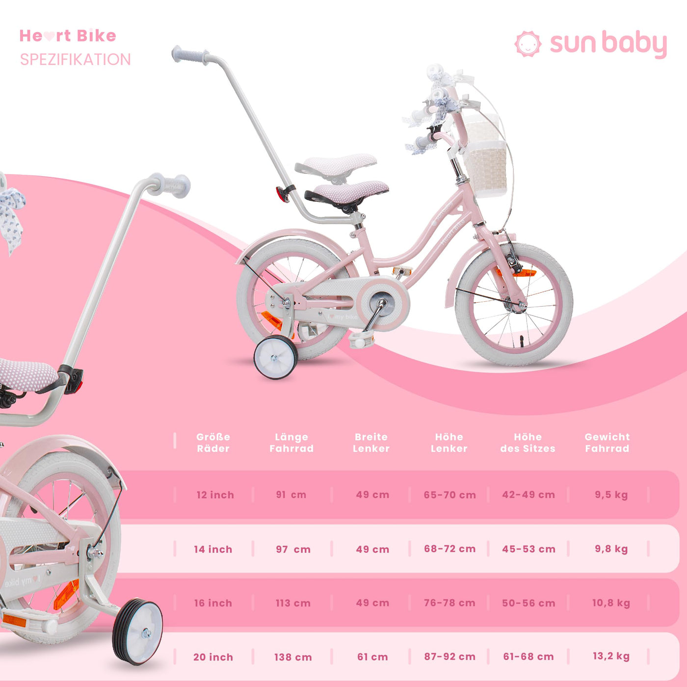 sun baby Mädchenfahrrad 14 Zoll Radgröße Heart Bike zur Auswahl, mit Abnehmbarer Schubstange, Kinderfahrrad für Mädchen von 2 bis 6 Jahre (Silver Moon Rosa, 14 Zoll)