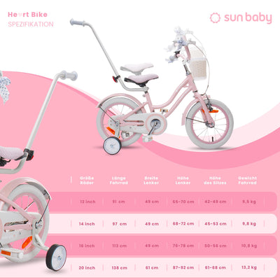 sun baby Mädchenfahrrad 14 Zoll Radgröße Heart Bike zur Auswahl, mit Abnehmbarer Schubstange, Kinderfahrrad für Mädchen von 2 bis 6 Jahre (Silver Moon Rosa, 14 Zoll)
