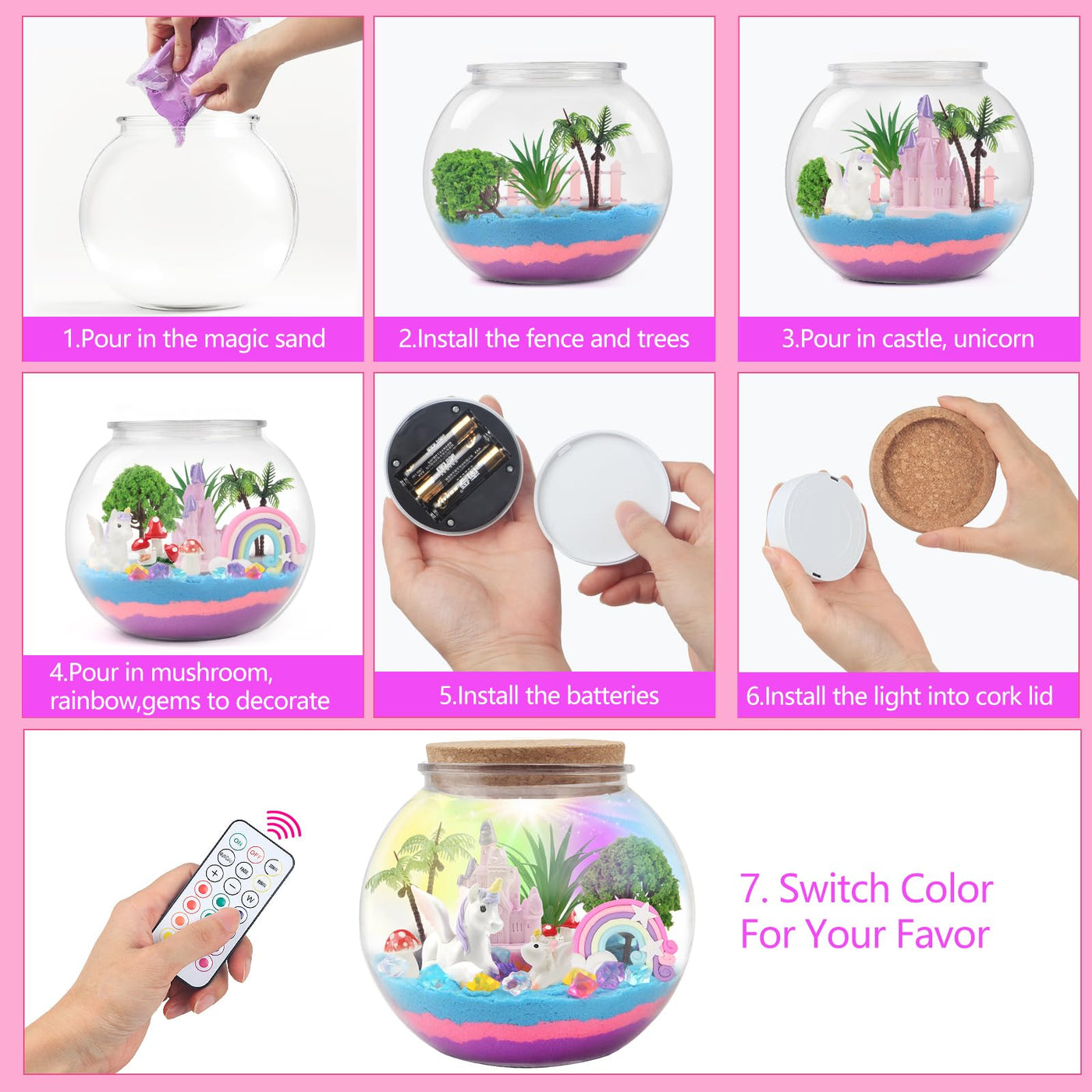 Einhorn Geschenke für Mädchen, DIY Einhorn Terrarium Bastelset mit Timing Fernbedienung und farbigen Lichtern, Nachtlicht Basteln, Wissenschaft Kit, Spielzeug für Mädchen ab 6, 7, 8+ Jahren