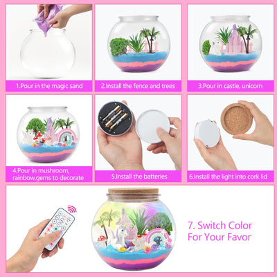 Einhorn Geschenke für Mädchen, DIY Einhorn Terrarium Bastelset mit Timing Fernbedienung und farbigen Lichtern, Nachtlicht Basteln, Wissenschaft Kit, Spielzeug für Mädchen ab 6, 7, 8+ Jahren