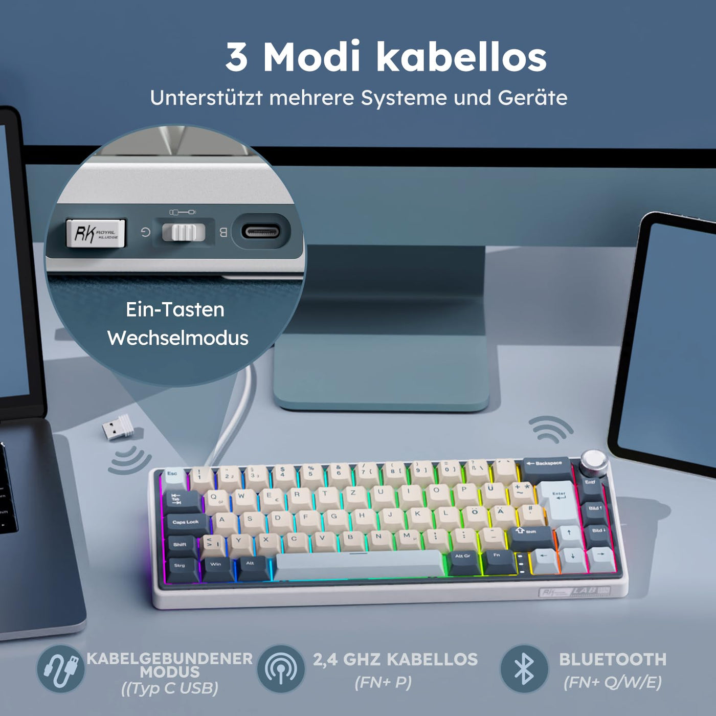 RK ROYAL KLUDGE R65 Mechanische Tastatur 60 Prozent mit Knopf, Gasket Gaming Tastatur Kabellos Bluetooth/2.4G/USB-C RGB PBT Tastenkappen QWERTZ QMK/VIA, Hot Swap Linearer Creamy Switches
