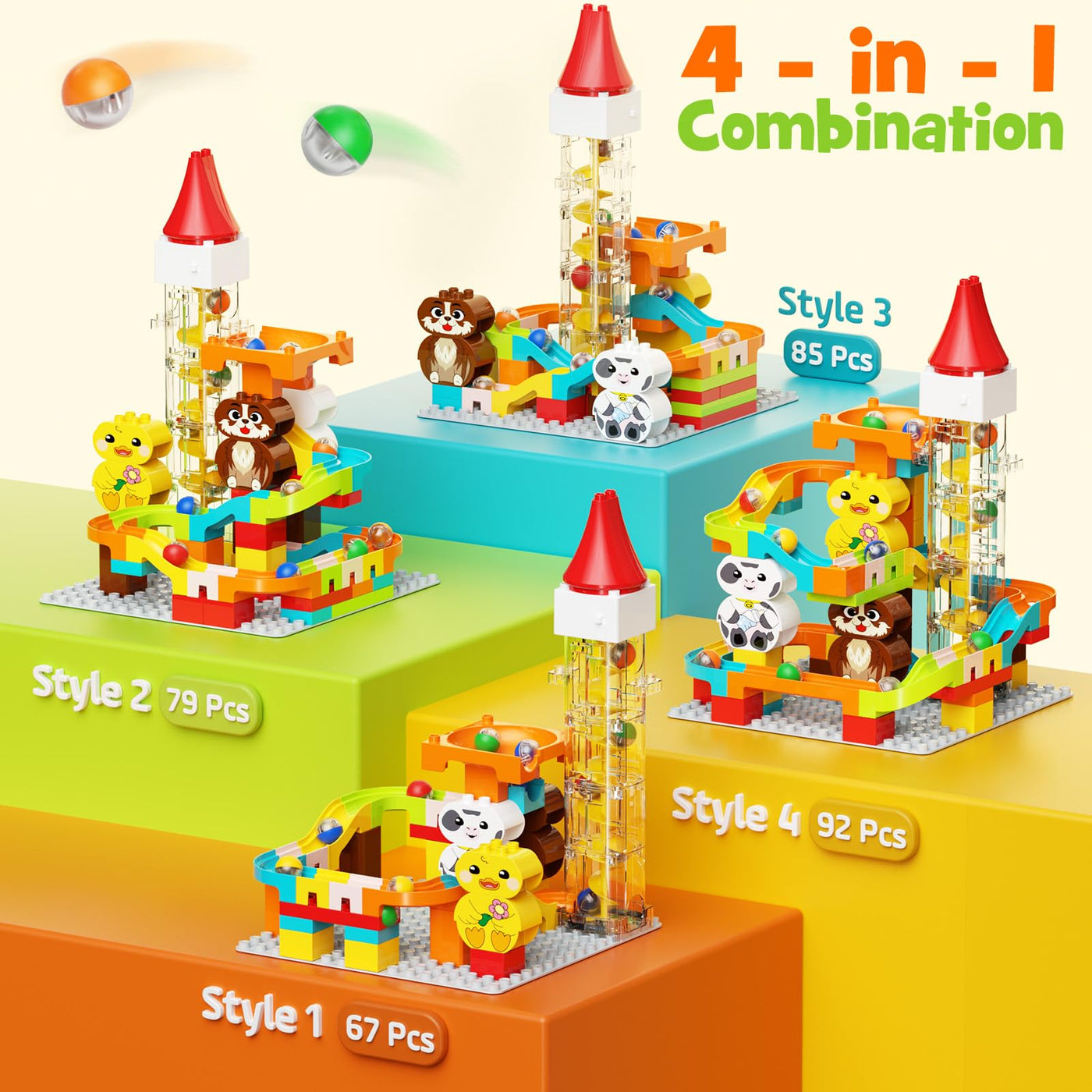 burgkidz Murmelbahn Bauklötze, Motorisierter Aufzug Kugelbahnen mit Niedlichem Tier Konstruktionsspielzeug, 4-in-1 Konfiguration Murmellabyrinth Set, Geschenk für Kinder von 3-7 Jahren, 92 teiliges