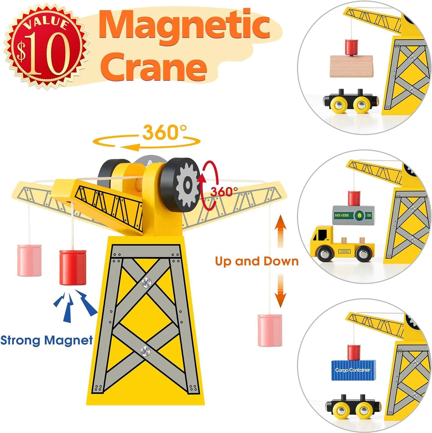 Tiny Land 55Pcs Holzeisenbahn Set, Eisenbahn Holz für Kinder mit Kran, Kombinierbar Zug Spielzeug, Holzeisenbahn Zubehör Passend für Alle Großen Marken, Holzzug Spielzeug für Kinder ab 2~5