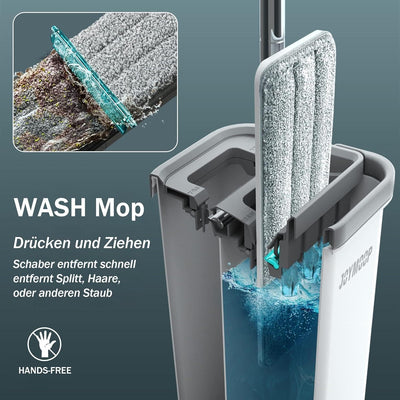 JOYMOOP Wischmopp und Eimer mit Auswringer-Set, freihändiger Flacher Bodenwischer und Eimer, mit 3 waschbaren Mikrofaser-Pads, Nass- und Trockengebrauch, Bodenreinigungssystem