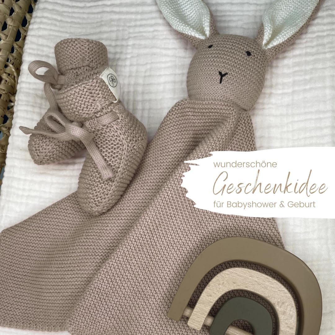 Geschenkset Hase Taupe Kuscheltuch Schmusetuch Schnüffeltuch Babysocken Bio Baumwolle Strick Baby Neugeborene Erstausstattung Mädchen Jungen personalisiert Babygeschenk Geschenk Geburt Babydecke