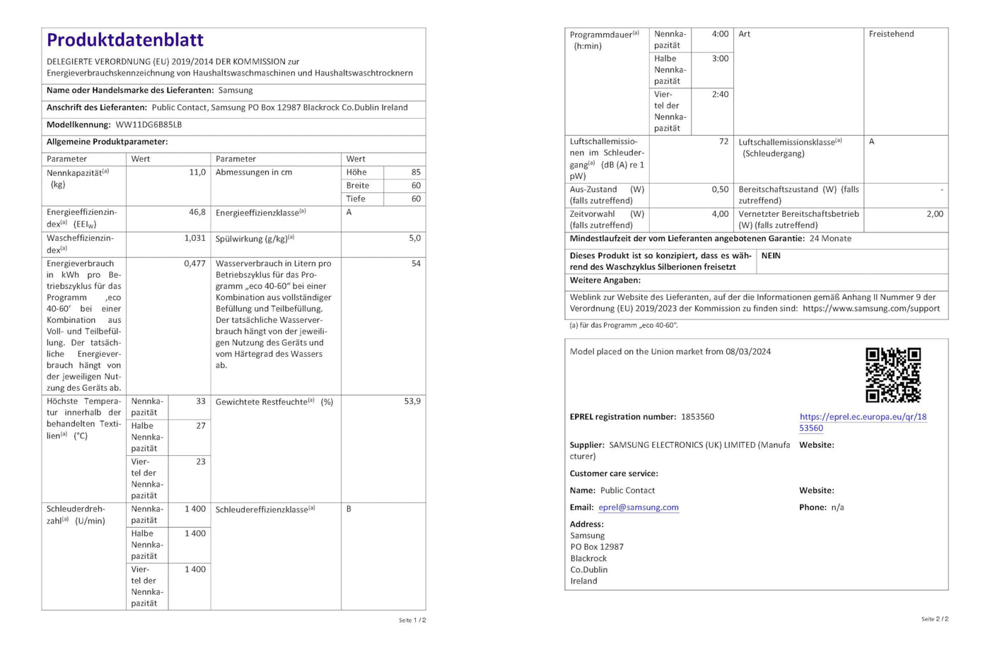 Samsung WW11DG6B85LBU2 Waschmaschine, 11 kg, 1.400 U/min, Extra energiesparend, EEK: A (-10%), AI Ecobubble, AI Wash, SuperSpeed 39 Min, AI Control, Schwarz