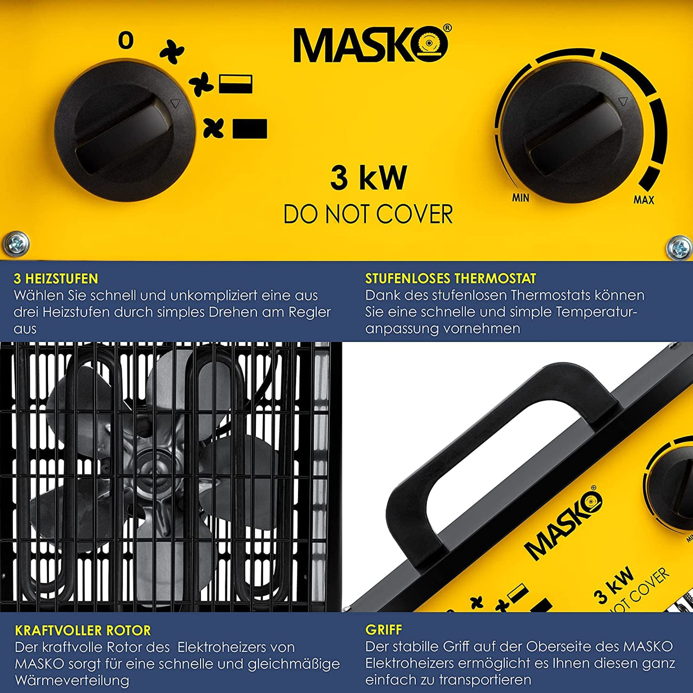 Masko® Elektroheizer Heizlüfter Bauheizer 3 KW mit integriertem Thermostat elektrisch Heizgerät 3000 Watt 3 Heizstufen Heizgebläse für Innen- und Außeneinsatz Überlastschutz Elektroheizgebläse Gelb