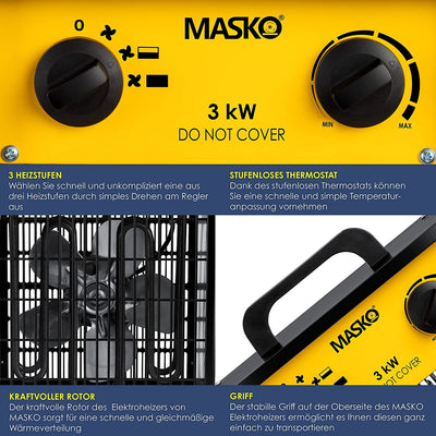Masko® Elektroheizer Heizlüfter Bauheizer 3 KW mit integriertem Thermostat elektrisch Heizgerät 3000 Watt 3 Heizstufen Heizgebläse für Innen- und Außeneinsatz Überlastschutz Elektroheizgebläse Gelb