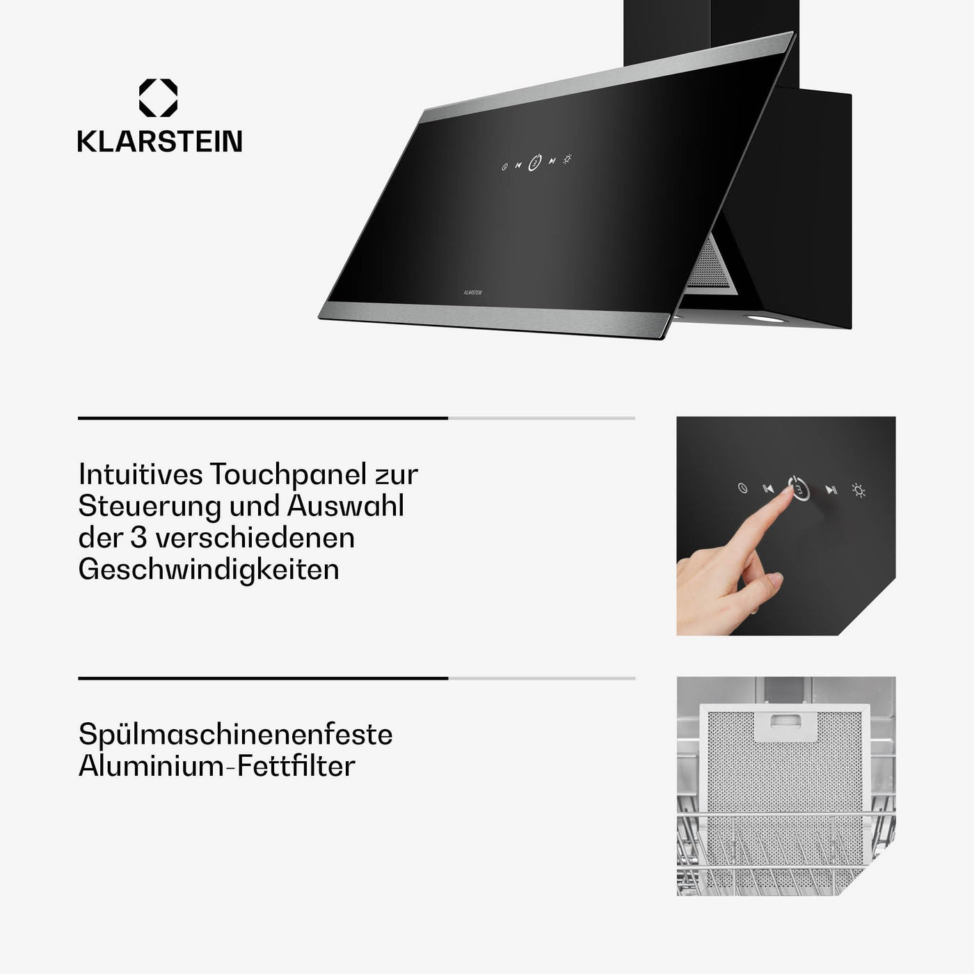 Klarstein FlashLine Dunstabzugshaube – 90 cm Kopffreihaube, Touchscreen, 524 m³/h, A++ Energieeffizienz, LED-Beleuchtung, 34,5 dB, Schwarz, Abluft- und Umluftbetrieb