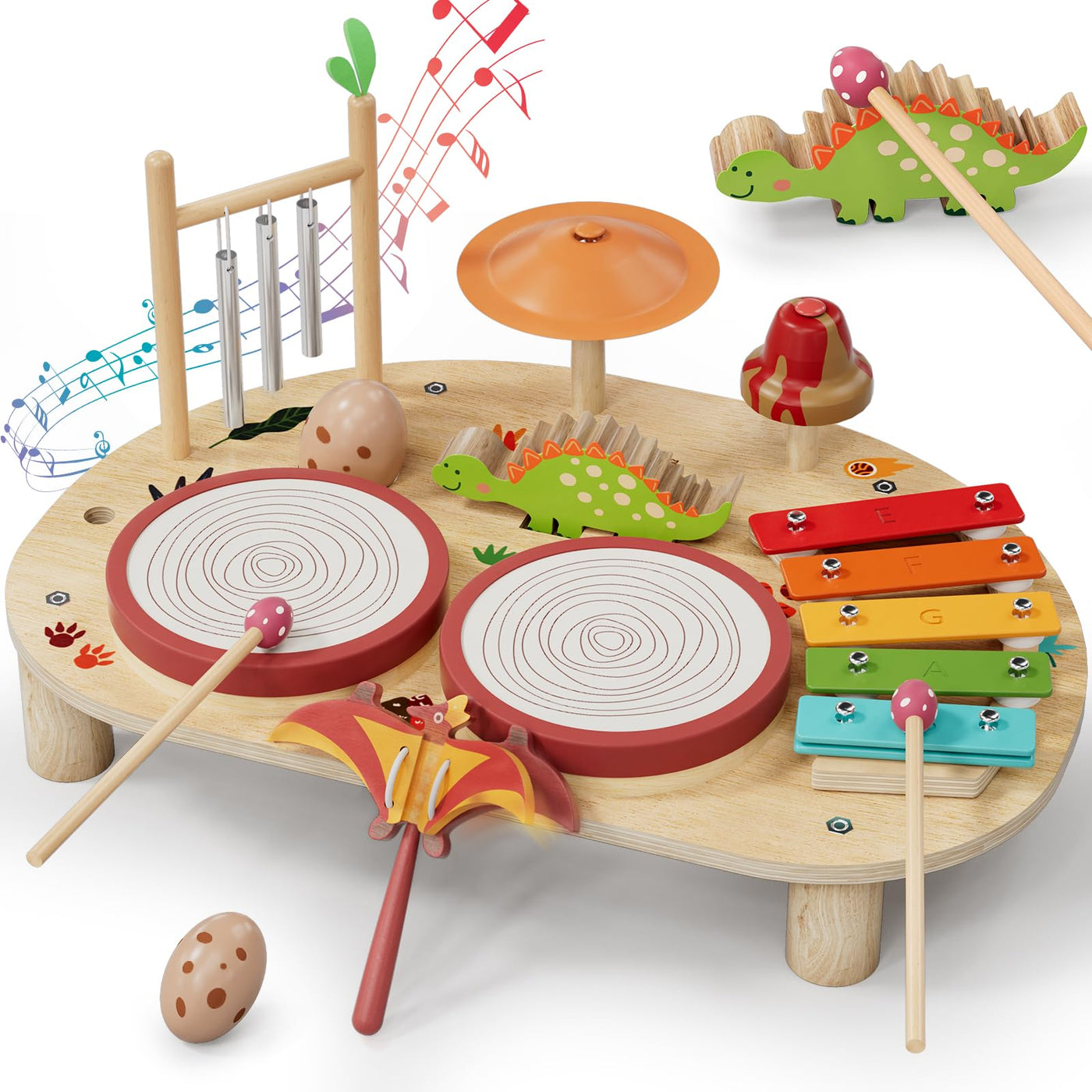 Lehoo Castle Holz Montessori Kinder Schlagzeugset Spielzeug ab 2 3 Jahre, Musikinstrumente für Kinder mit Xylophon Trommel, Musikspielzeug für Babys im Vorschulalter, Lernspielzeug Geschenk