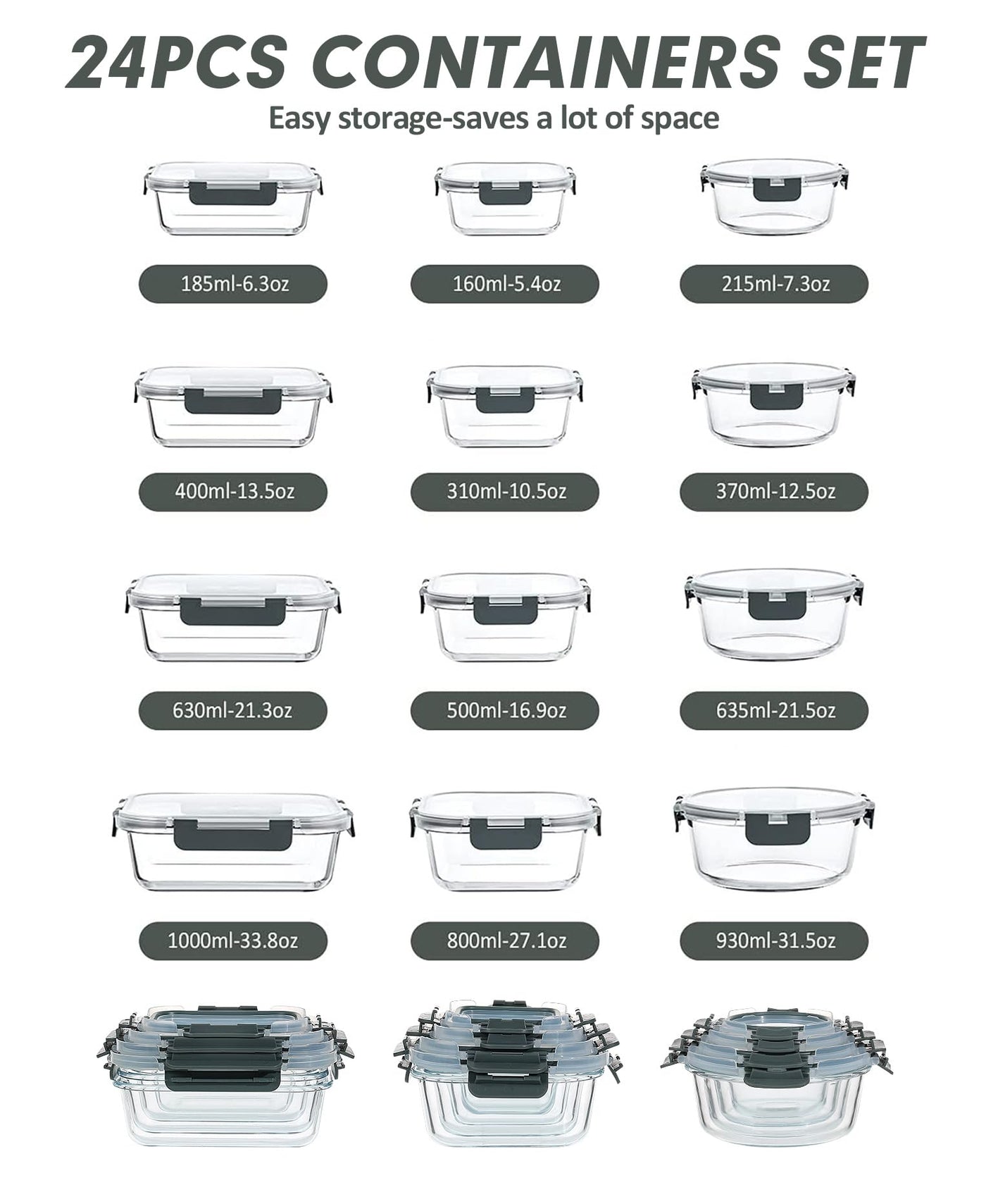 VERONES 24 Stück Glas Crisper Set, luftdichte Glas-Lunchboxen, stapelbare Glas-Lunchboxen mit Deckel, gefrier- und spülmaschinenfest, grau