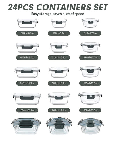 VERONES 24 Stück Glas Crisper Set, luftdichte Glas-Lunchboxen, stapelbare Glas-Lunchboxen mit Deckel, gefrier- und spülmaschinenfest, grau