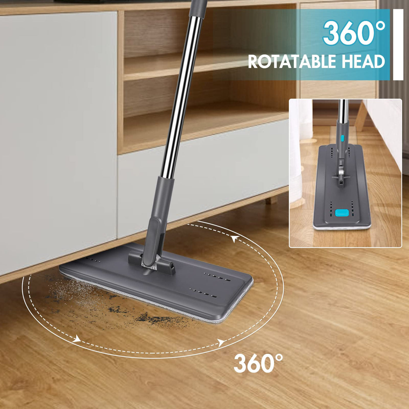 MASTERTOP Wischmopp Set mit Eimer, Bodenwischer Set mit 6 Mikrofaser Wischpads und Edelstahlgriff, 2 in 1 Putzeimer mit Wischmop, Wischer mit Auswringfunktionfür Alle Bodentypen, Grau+Blau