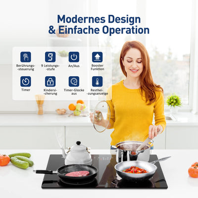 IsEasy 4 Zonen Einbau Induktionskochfeld mit 9 Leistungsstufen &1-99Min Timer, Boost-Funktion, Induktionskochplatte, Induktion Herdplatte mit 4 Platten, 60cm, 6800W, Schwarz