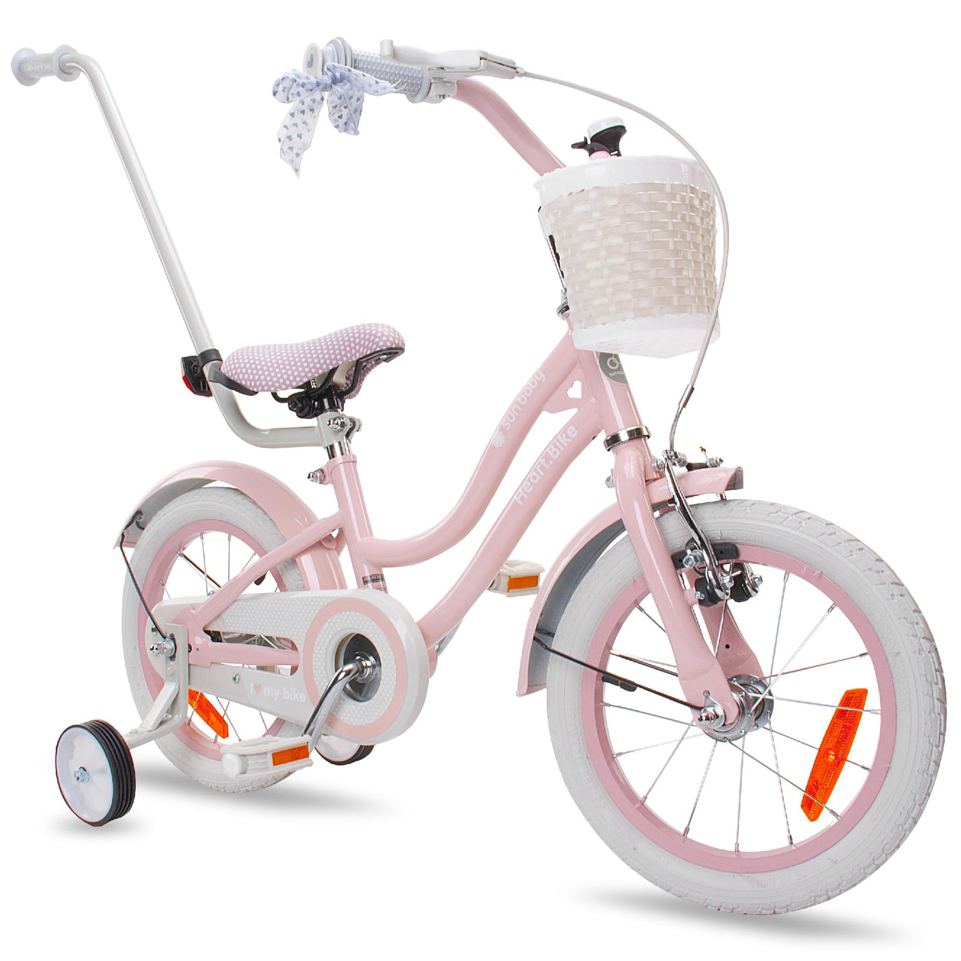 sun baby Mädchenfahrrad 14 Zoll Radgröße Heart Bike zur Auswahl, mit Abnehmbarer Schubstange, Kinderfahrrad für Mädchen von 2 bis 6 Jahre (Silver Moon Rosa, 14 Zoll)