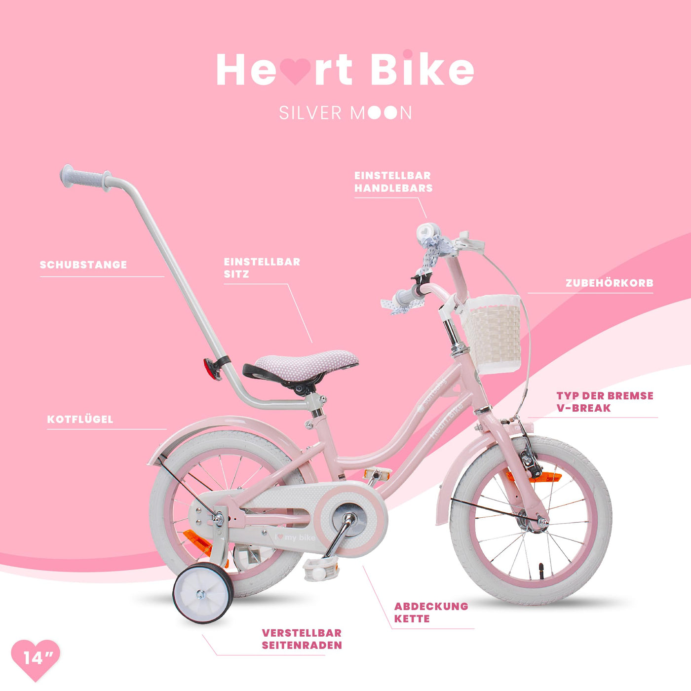 sun baby Mädchenfahrrad 14 Zoll Radgröße Heart Bike zur Auswahl, mit Abnehmbarer Schubstange, Kinderfahrrad für Mädchen von 2 bis 6 Jahre (Silver Moon Rosa, 14 Zoll)