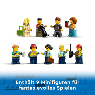 LEGO 60367 City Passagierflugzeug Spielzeug-Set, großes Flugzeug-Modell mit Fahrzeugen des Flughafen-Bodenpersonals: Vorfeldbus, Pushback-Schlepper, Catering-Lader, Gepäckwagen und 9 Minifiguren