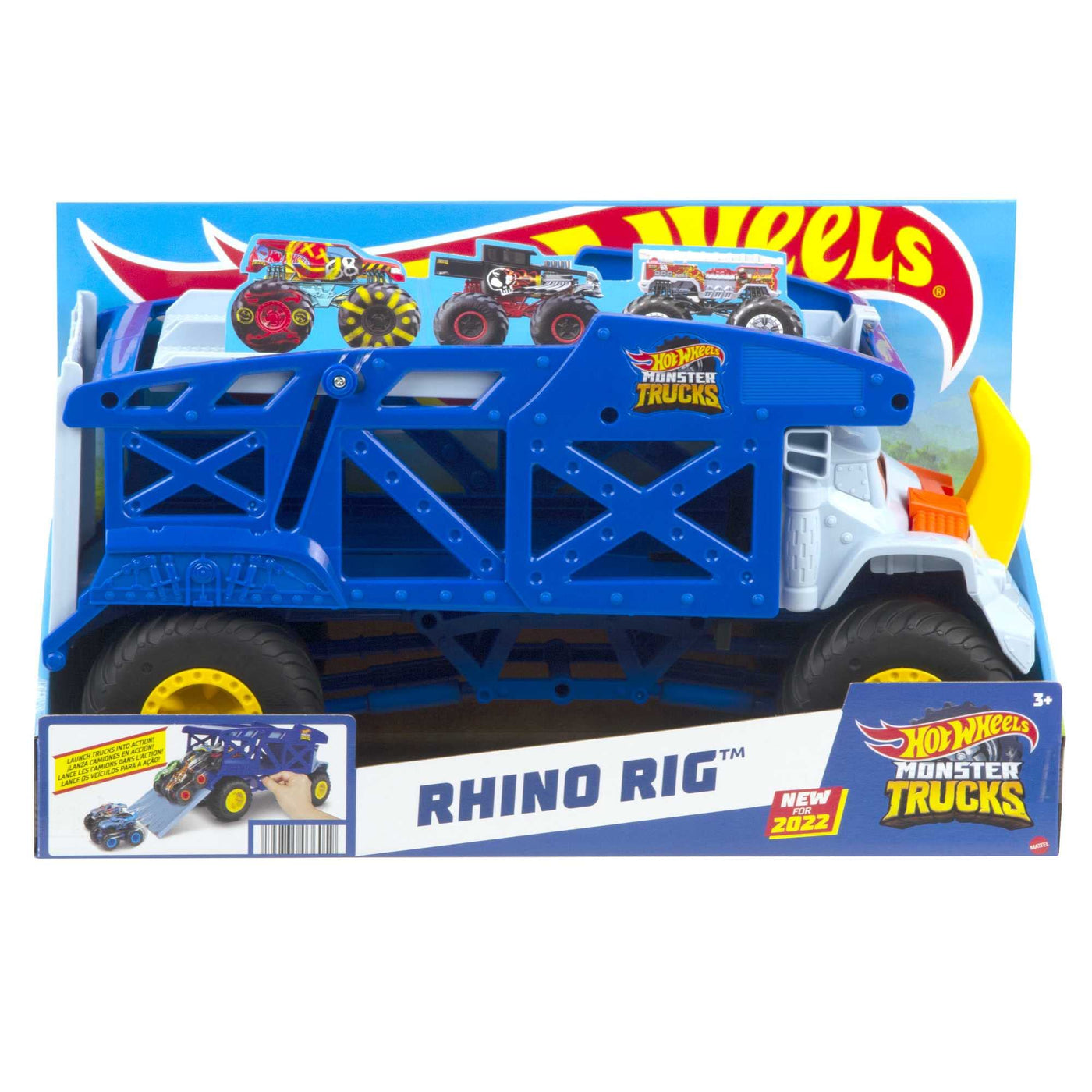 HOT WHEELS Monster Trucks Transporter Nashorn - Schlepper, Platz für 12 Monster Trucks oder 32 Hot Wheels, mit Startrampe, für Kinder ab 3 Jahren, HFB13