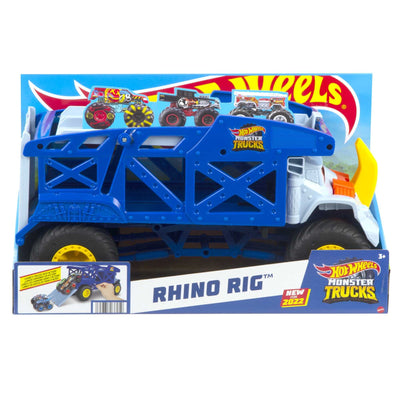HOT WHEELS Monster Trucks Transporter Nashorn - Schlepper, Platz für 12 Monster Trucks oder 32 Hot Wheels, mit Startrampe, für Kinder ab 3 Jahren, HFB13