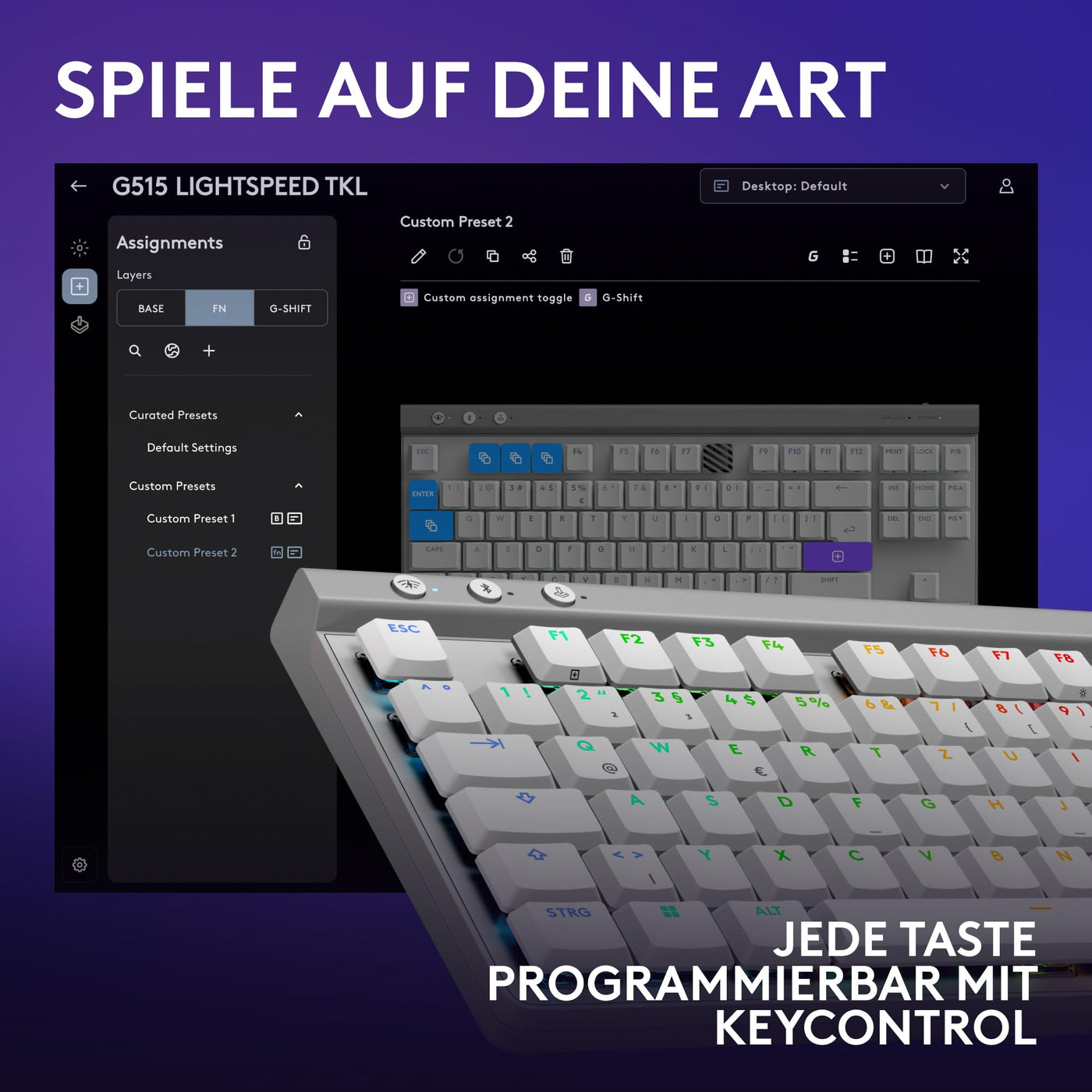 Logitech G G515 LIGHTSPEED TKL kabellose flache Gaming-Tastatur, LIGHTSYNC RGB, dünnes Profil ohne Ziffernblock, PBT-Tastenkappen, taktile mechanische Switches, Deutsches QWERTZ-Layout - Weiß