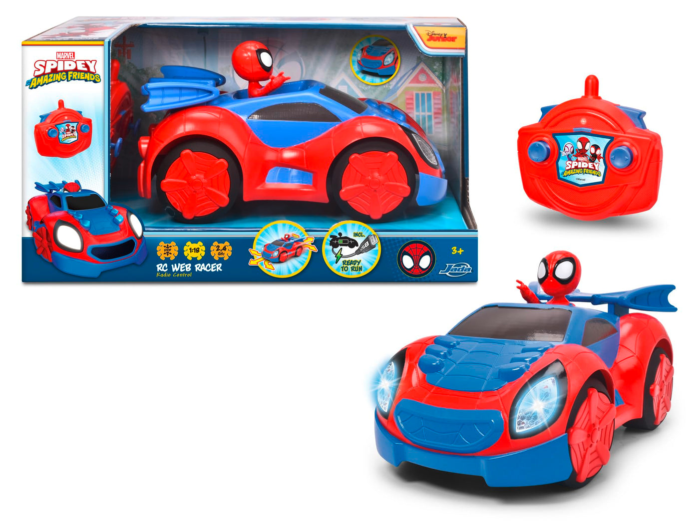 Jada Toys Spidey RC Web Racer (27 cm) - ferngesteuertes Auto mit Licht zu Marvel Spidey und Seine Super-Freunde, Spielzeug-Auto mit Fernbedienung für Kinder ab 3 Jahre, max. 9 km/h