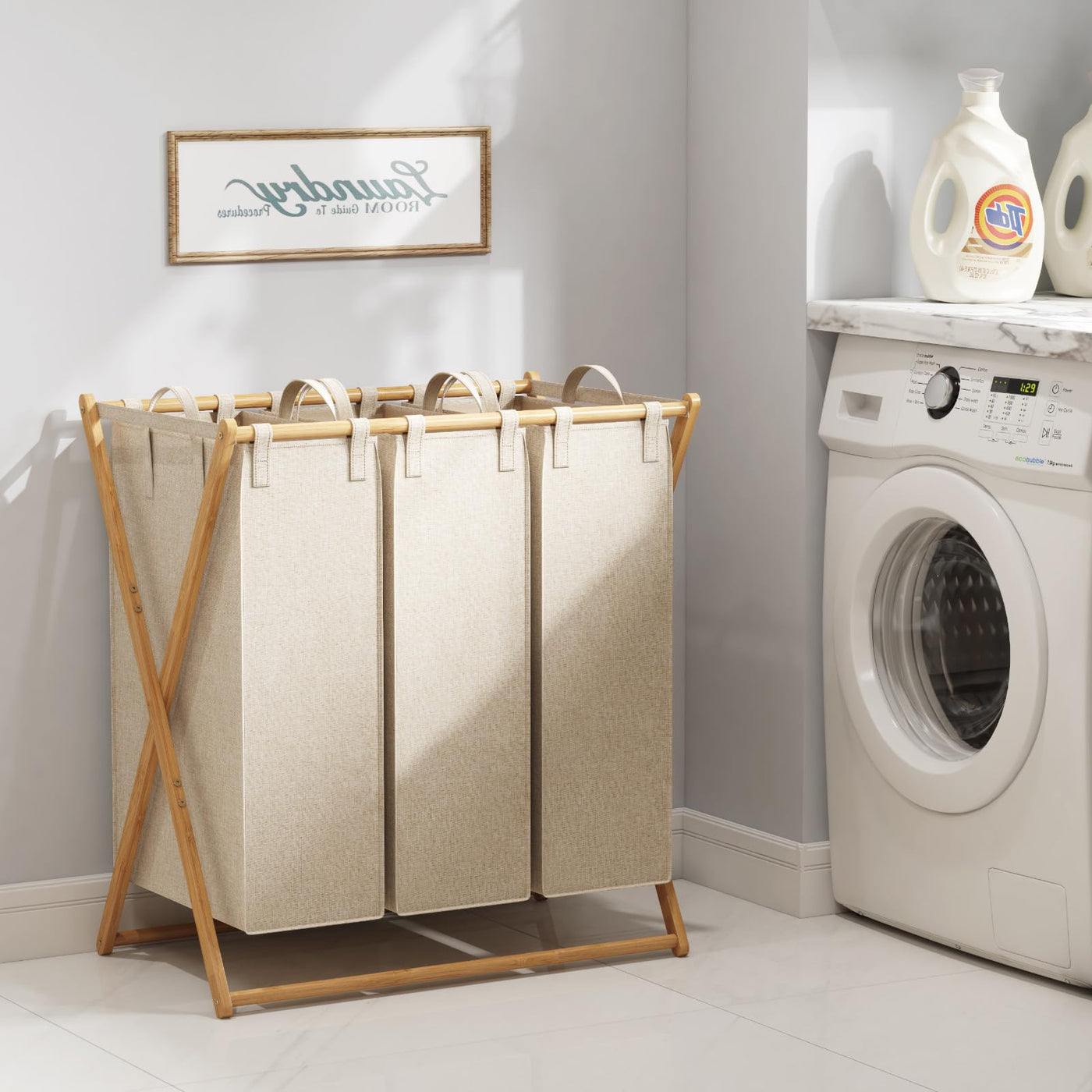 Lifewit 3 Fächer Faltbare 150L Wäschekorb Großer Bambus Frame Wäschesammler Wäschesack Faltbare Schmutzige Kleidung Sorter mit 3 Abnehmbaren Taschen，Wäschesortierer Bambus Beige