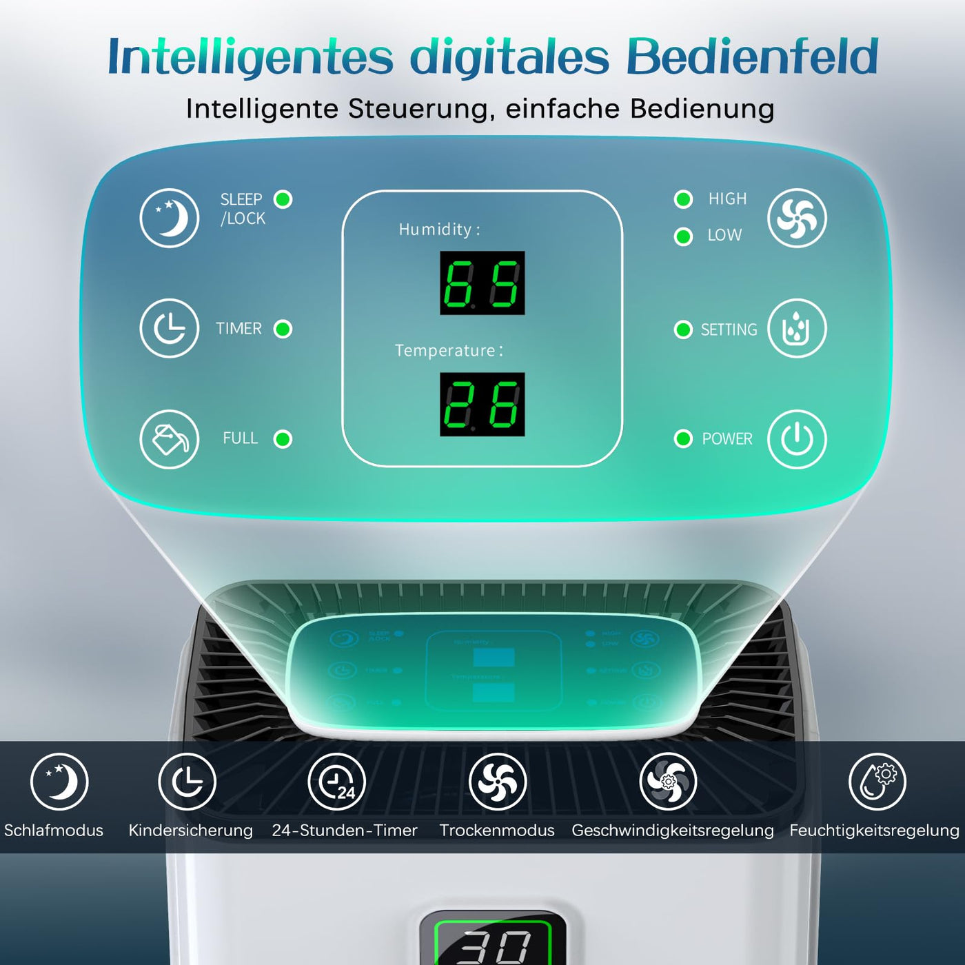 Luftentfeuchter 12L/Tag mit Digitaler Feuchtigkeitsanzeige, Automatische Entfeuchtung, 24H-Timer, Kontinuierliche Entwässerung, 2,5L Wassertank, Abflussschlauch, Ideal für Keller, Gegen Feuchtigkeit