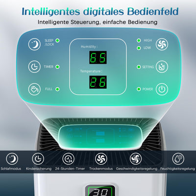 Luftentfeuchter 12L/Tag mit Digitaler Feuchtigkeitsanzeige, Automatische Entfeuchtung, 24H-Timer, Kontinuierliche Entwässerung, 2,5L Wassertank, Abflussschlauch, Ideal für Keller, Gegen Feuchtigkeit