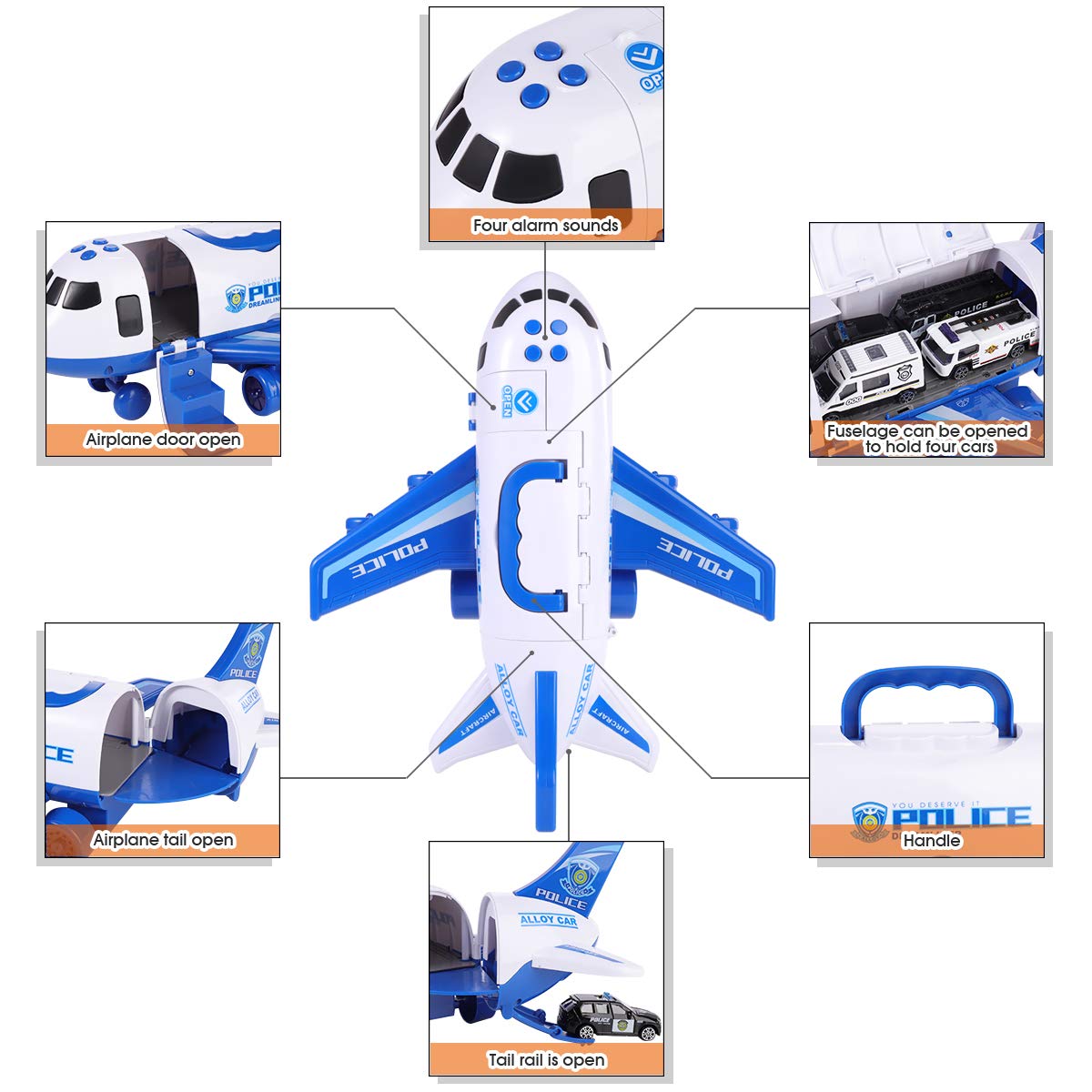 SHANNA Flugzeug Spielset Mit Trägheitsrad und Fahrzeugen - Lernspielzeug Set Mit 1 Großem Flugzeug, 4 Legiertes Auto für Kleinkinder Über 3 Jahre (Polizeiauto-Blau)