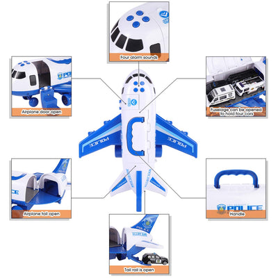 SHANNA Flugzeug Spielset Mit Trägheitsrad und Fahrzeugen - Lernspielzeug Set Mit 1 Großem Flugzeug, 4 Legiertes Auto für Kleinkinder Über 3 Jahre (Polizeiauto-Blau)