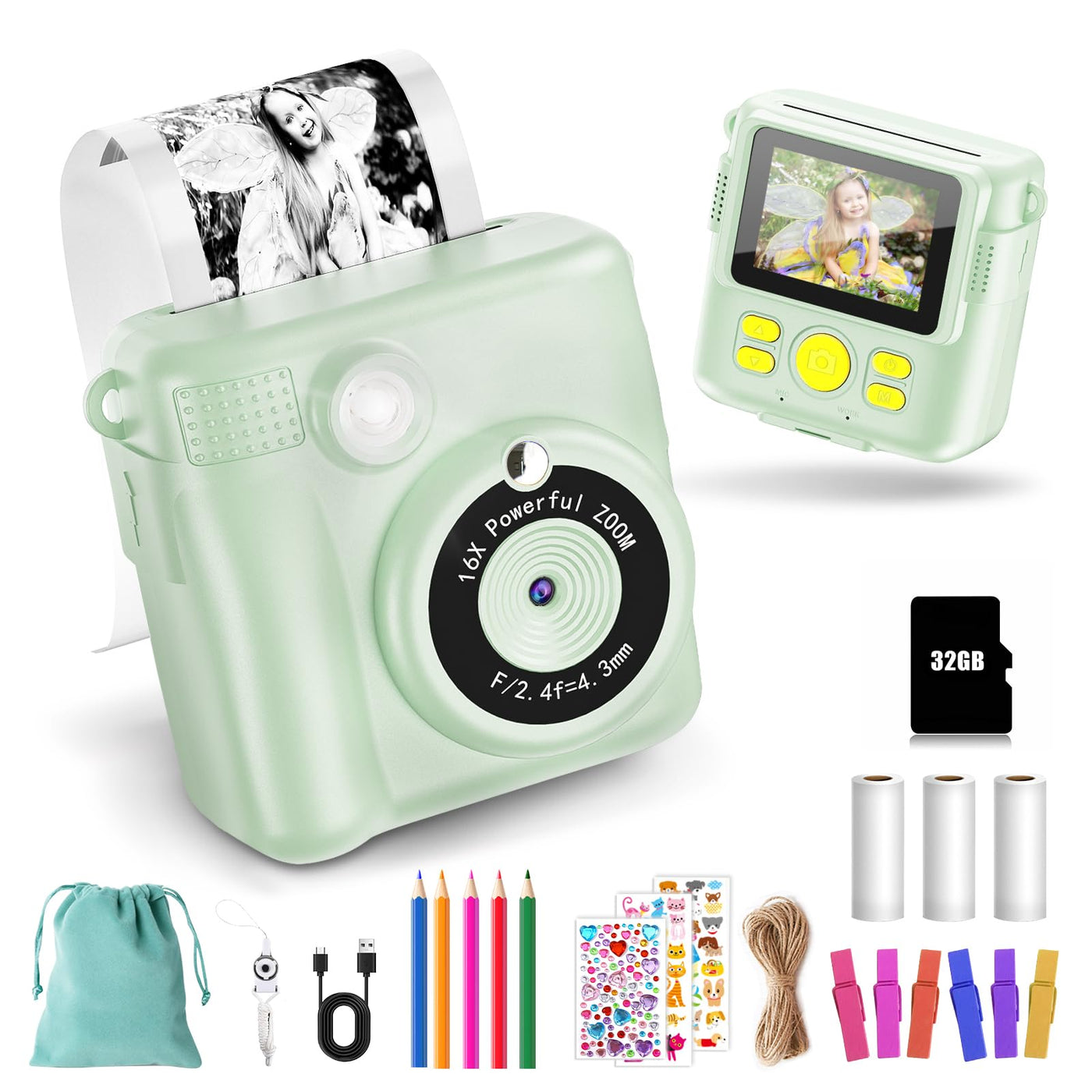 KinderKamera - Sofortbildkamera DigitalKamera Print 1080P - 16x Digitalzoom 2.4" Bildschirm - 32GB Karte - 3 Rollen Druckpapier - mit Aufbewahrungstasche Weihnachten Geschenk für Kinder 3-12 Jahren