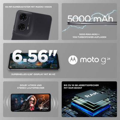 Motorola Mobility Moto g24 Smartphone (6,56"-HD+-Display, 50-MP-Kamera, 8/128 GB, 5000 mAh, Android 14) Matte Charcoal, inkl. Schutzcover + Handyhalterung [Exklusiv bei Amazon]