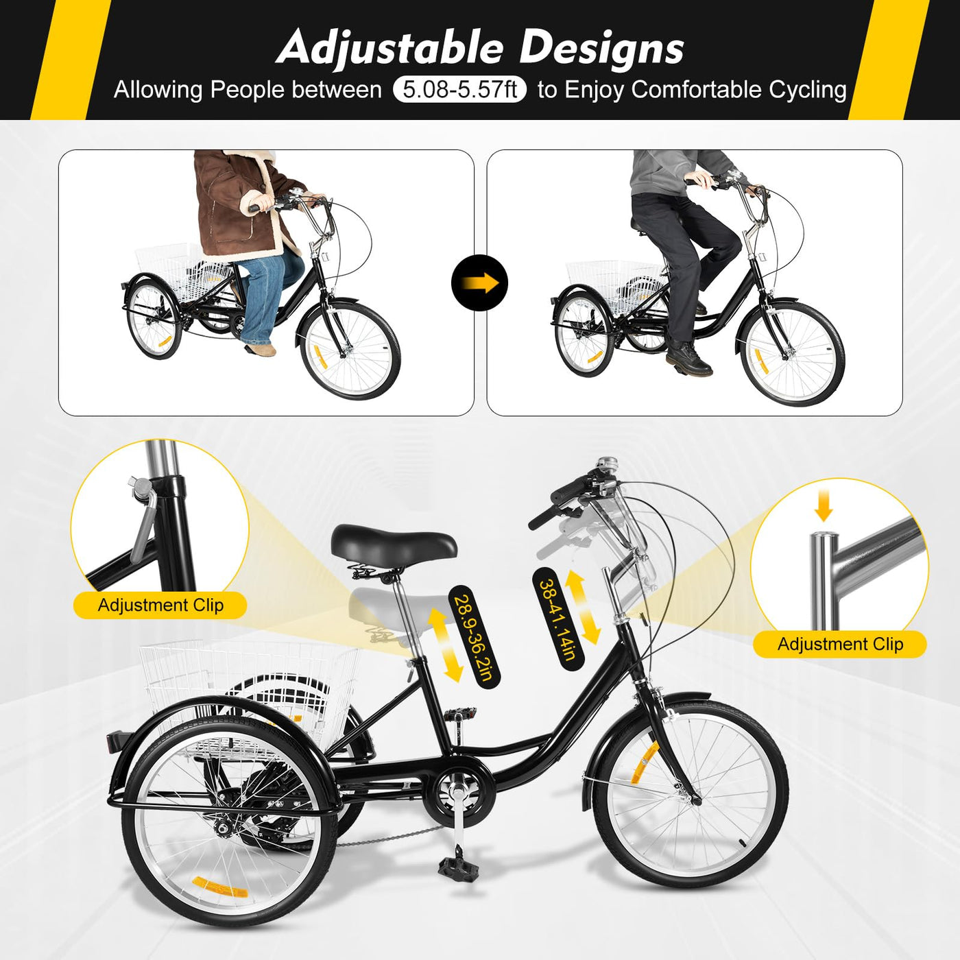 Tenddya Dreirad für Erwachsene, 20 Zoll Erwachsene Dreirad 8 Gang Dreirädriges Cruiser-Fahrrad m/Einkaufskorb, Senioren Dreirad für Erholung, Einkaufen, Picknicks Schwarz