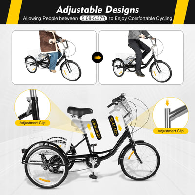 Tenddya Dreirad für Erwachsene, 20 Zoll Erwachsene Dreirad 8 Gang Dreirädriges Cruiser-Fahrrad m/Einkaufskorb, Senioren Dreirad für Erholung, Einkaufen, Picknicks Schwarz