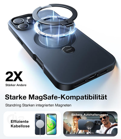 TORRAS 360° Ostand Spin für iPhone 16 Pro Hülle für Magsafe (Magnetischer Robust Standring) Zertifizierte Militärschutz, Matt Rückseite Hülle für iPhone 16 Pro Case Schlank Schwarz