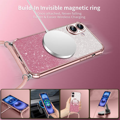 Phoona Handykette Hülle für iPhone 16 Plus mit Band kompatibel mit MagSafe, Luxuriöse Glitzer Beschichtung Magnetische Handyhülle für iPhone 16 Plus Stoßfest Schutzhülle, Rosa