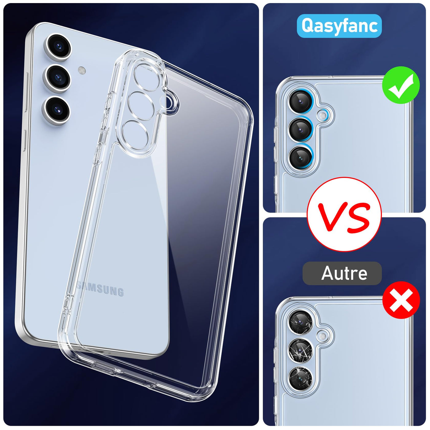 Qasyfanc Handyhülle Kompatibel mit Samsung Galaxy S24 FE Hülle mit Kameraschutz und 2 Stück Schutzfolie, Hard PC Nie Vergilbung Case Transparent Militärschutz Fallschutz Schutzhülle, Klar