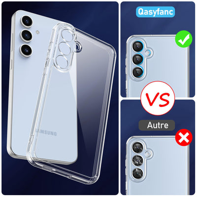 Qasyfanc Handyhülle Kompatibel mit Samsung Galaxy S24 FE Hülle mit Kameraschutz und 2 Stück Schutzfolie, Hard PC Nie Vergilbung Case Transparent Militärschutz Fallschutz Schutzhülle, Klar