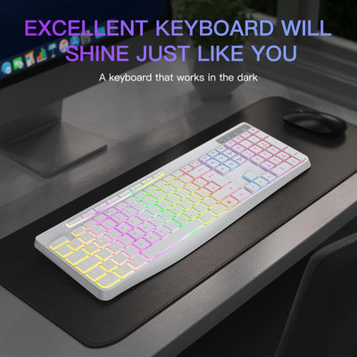 TECURS Tastatur Kabellos Gaming – Leise Tastatur QWERTZ Beleuchtete Ergonomische wasserdichte 2,4 GHz LED-Tastatur für Windows/Mac/PS4/Xbox mit Multimedia-Tasten Weiß