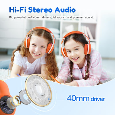 EarFun Bluetooth Kopfhörer Kinder, 85/94dB Lautstärkeregelung, HiFi Sound, HD-Mikrofon, 40 Std Akku, Faltbare, Einstellbar, Kopfhörer Kabellos Bluetooth Kinder für Schule/Reise/PC, Orange