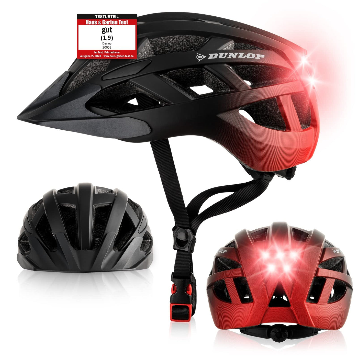Dunlop Sports Fahrradhelm mit Licht-Sofort gesehen Werden-Ultraleichter Spezial Damen Herren Kinder Fahrrad Helm mit Visier und Rücklicht für hohe Sicherheit-Urban Helm (Schwarz/Rot, M (55-59 cm))