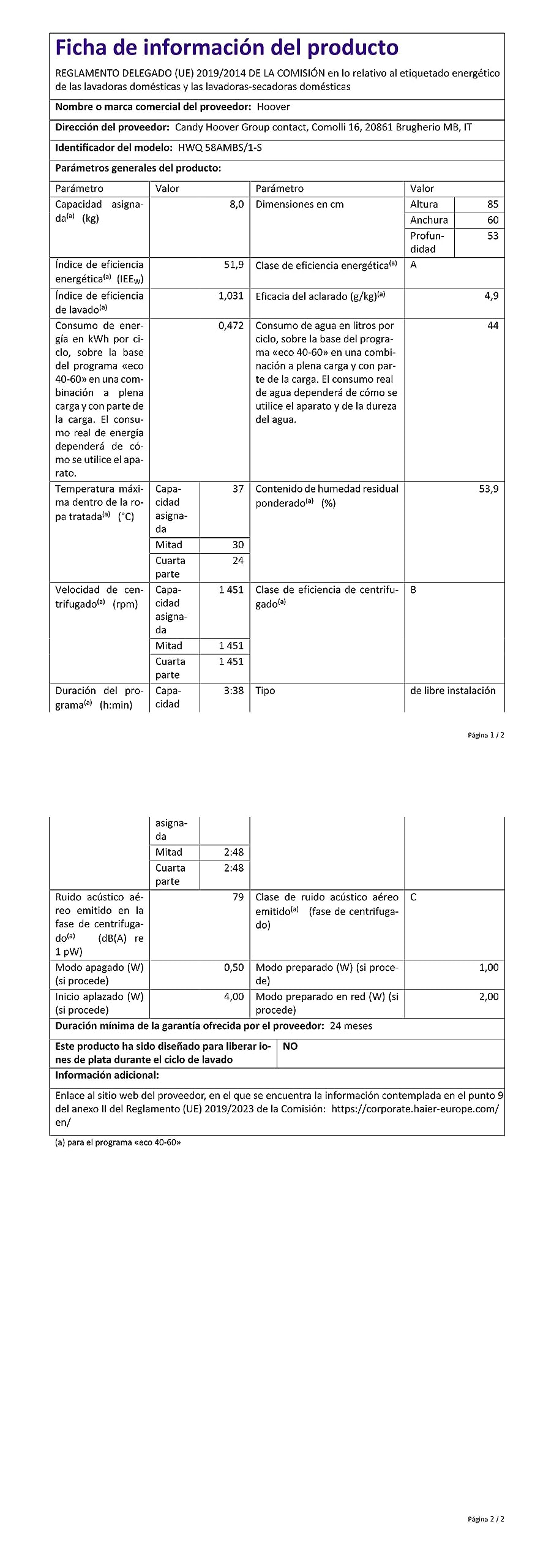 Hoover H-WASH 500 HWQ 58AMBS Waschmaschine / 8kg / 1500 U/Min. / Eco-Power Inverter Motor/ActiveSteam Dampffunktion/Mengenautomatik Plus/Aquastop/WLAN