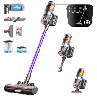 Bulelink Akku Staubsauger 45KPA/550W/70Mins, Staubsauger Kabellos mit OLED Smart Screen und Kombination von Weichen und Harten Borsten Bodenbürste, Wandmontage Wiederaufladbare 1.8L Akkustaubsauger