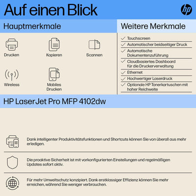 HP LaserJet Pro MFP 4102dw Multifunktions-Laserdrucker, WLAN, Automatischer beidseitiger Druck, Hohe Druckgeschwindigkeit, Bis zu 80.000 Seiten pro Monat, HP Wolf Pro Security