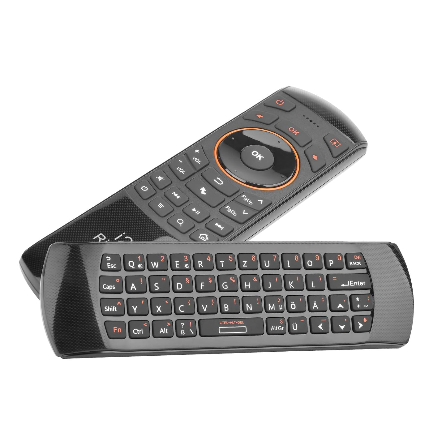 Rii Air Mouse mit 6 Axis Gyroskop, Tastatur Maus Set Kabellos ist Wiederaufladbar, Universalfernbedienung für HTPC/TV Box, PC Fernbedienung mit IR-Lernfunktion, QWERTZ, 2.4GHz, Schwarz