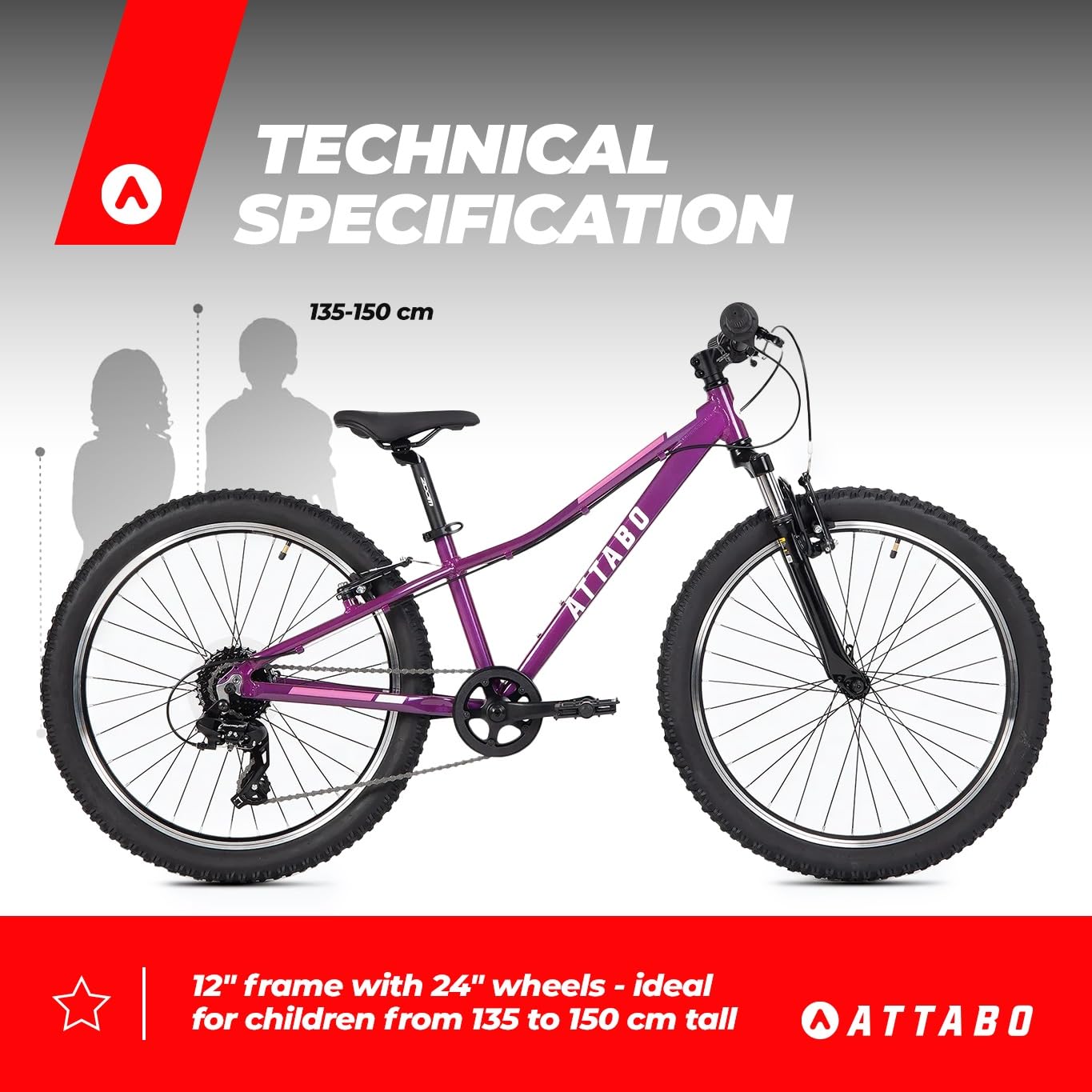 ATTABO Kinder-MTB JR Mountainbike mit Aluminiumrahmen 12" Violett Kinderfahrrad mit 24" Rädern mit Zubehör Ergonomischer Lenker V-Brake Verstellbarer Sattel 8-Gang-Kettenschaltung