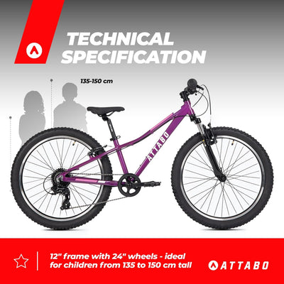 ATTABO Kinder-MTB JR Mountainbike mit Aluminiumrahmen 12" Violett Kinderfahrrad mit 24" Rädern mit Zubehör Ergonomischer Lenker V-Brake Verstellbarer Sattel 8-Gang-Kettenschaltung