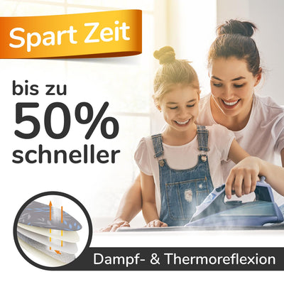 Super Soft 5 Schichten Turbo-Bügelbrettbezug 120x45, Made in Germany, ÖKOTEX Baumwoll-Polsterung, schneller mit Thermoreflexion, 5 Größen, EasyFit+Spanner, XL Fläche 120-125x38-45cm