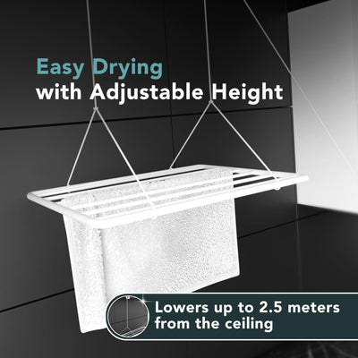 Wäscheständer Decke 140x50cm, Wäscheständer Platzsparend mit 11.2 Metern Trocknungsoberfläche, Wäscheständer Badewanne, Vertikal Zusammenklappbar 2.5 Meter, Deckenwäschetrockner aus Metall, Weiß